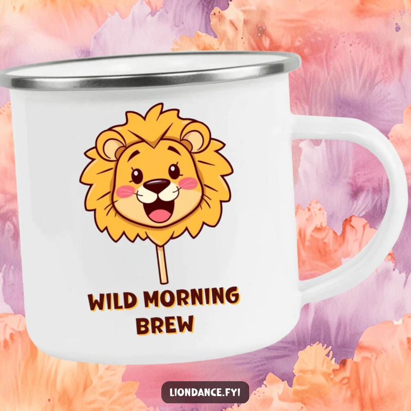 Funny Camping Mug featuring a cute lion head prop with a happy smile, perfect for outdoor trips, a durable funny gift.