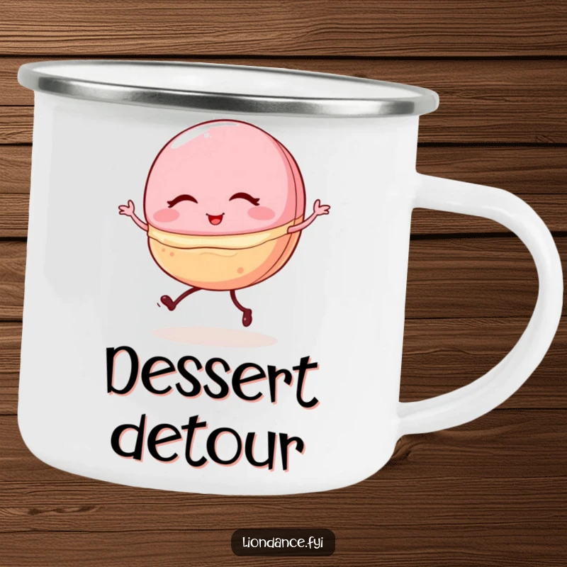 Funny enamel camping mug with a winking macaron doing a shaky ballet pirouette, perfect for enjoying treats outdoors.
