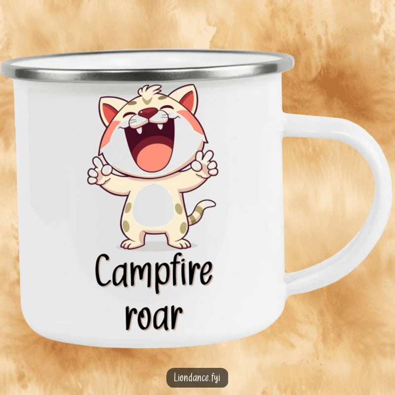 Funny camping mug with a happy cartoon character making exaggerated roaring gestures, designed for outdoor fun and bold sips.