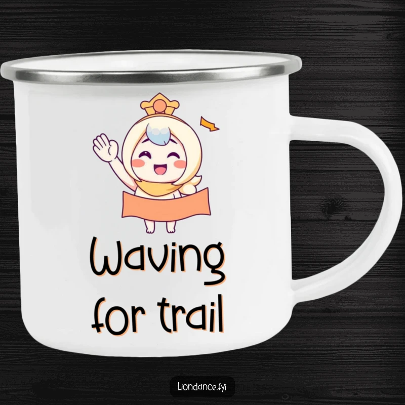 Funny camping mug with a character smiling while waving a banner, perfect for outdoor drinks with cheerful humor.