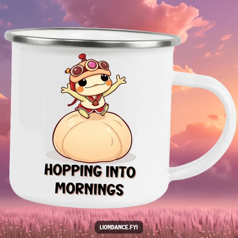 Funny frog in a lion dance costume leaping over a huge dumpling on a durable enamel camping mug.