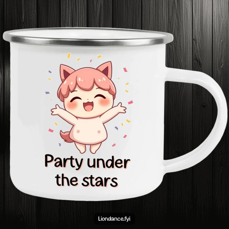 Funny confetti character camping mug with a delighted figure beaming and scattering colorful confetti, perfect for festive outdoor moments.