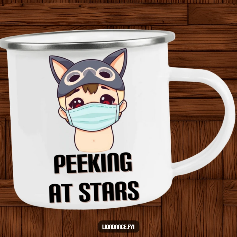 Funny masked adventure mug, a delighted character peeking with curiosity, perfect for outdoor exploration and humor.