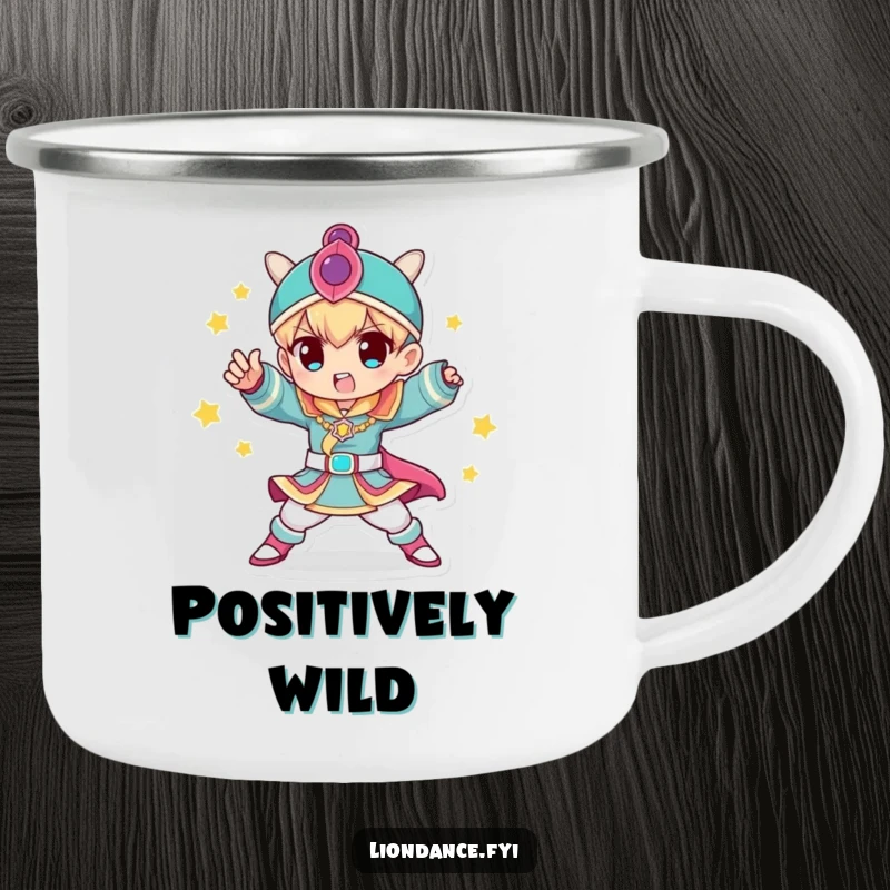 Funny Camping Mug featuring a character in a colorful costume striking a dynamic pose, ready for the outdoors, a durable funny gift.