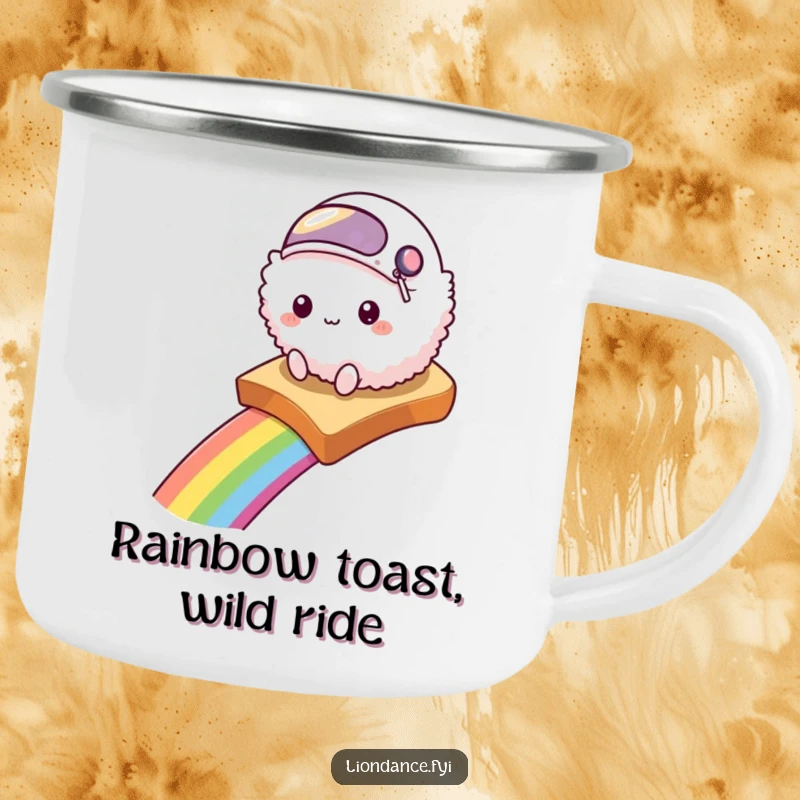 Funny camping mug with a fluffy creature in a helmet sliding down a rainbow on toast, built for adventure.