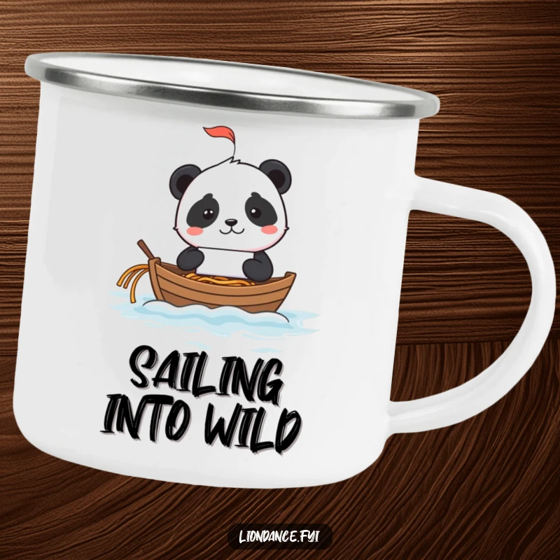 Mischievous panda using a fortune cookie as a sailboat on a noodle ocean, on a camping mug.