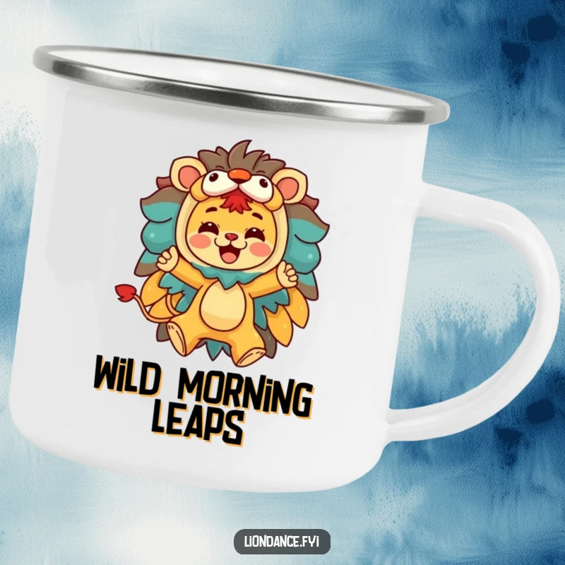 Funny enamel camping mug with a character joyfully leaping from a colorful lion costume, for energetic outdoor enjoyment.
