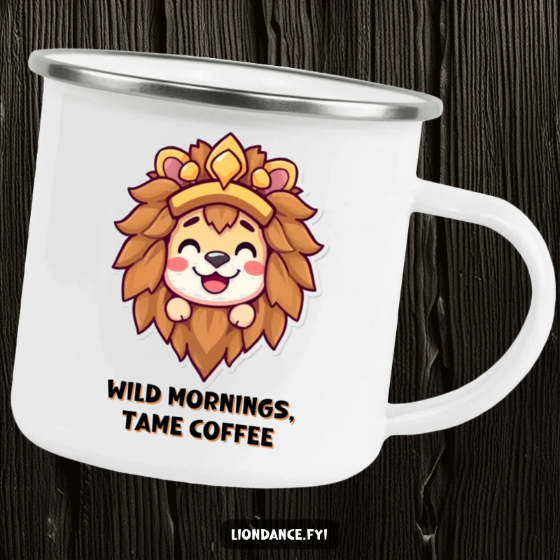 Funny lion headdress camping mug showcasing a happy character peeking out from the lion's mane with a contagious grin, perfect for the outdoors.