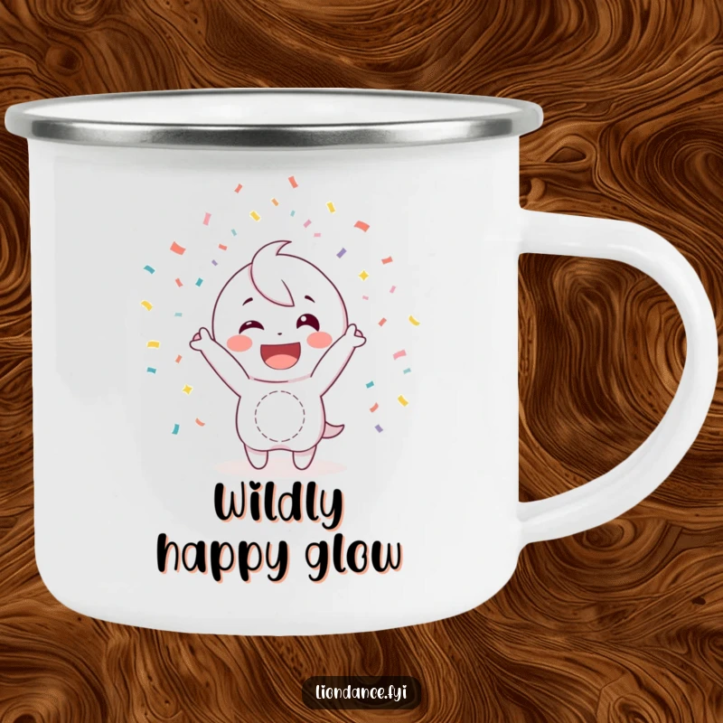 Funny camping mug featuring a happy character with a wide smile, joyfully tossing confetti, perfect for cheerful outdoor adventures.