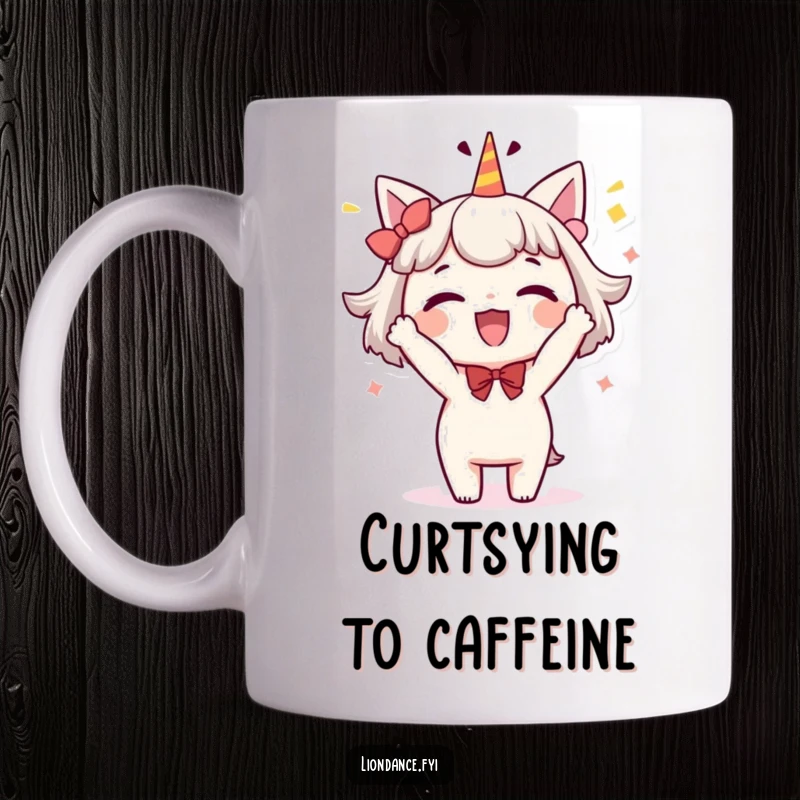 Funny mug showing a delighted character performing a whimsical, celebratory bow, perfect for a charming and humorous coffee break.