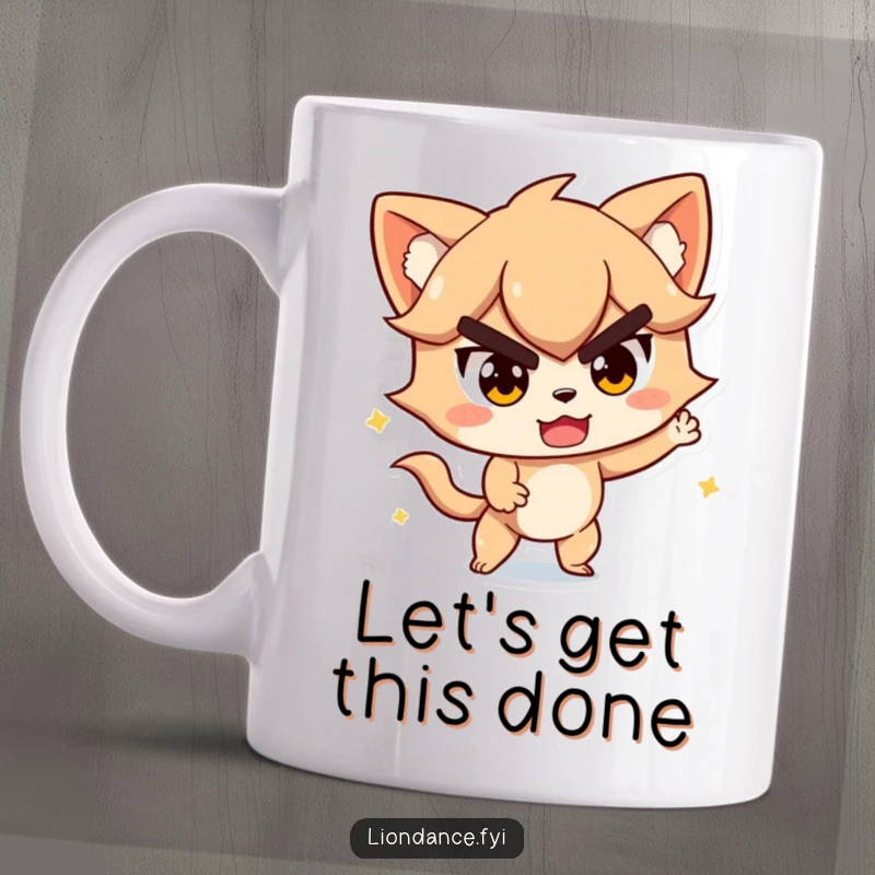 Funny mug showing a character in mid-action with a determined yet playful expression, full of energy. Great funny gift.