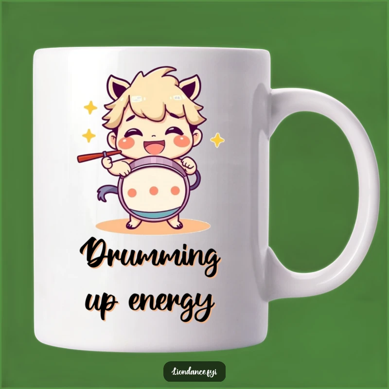 Funny Drum Beating Character Grinning Mug: Rhythmic Fun Gift!