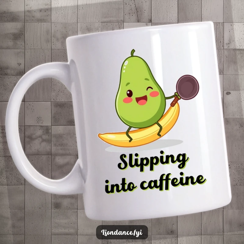 Funny cheerful avocado with tiny legs, slipping dramatically on a banana peel while holding a wok, on a mug.