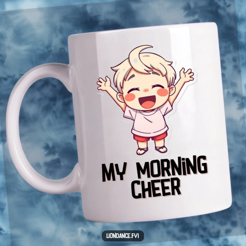 Funny mug with a delighted child character cheering enthusiastically, radiating pure joy and infectious energy, perfect for a bright and happy moment.