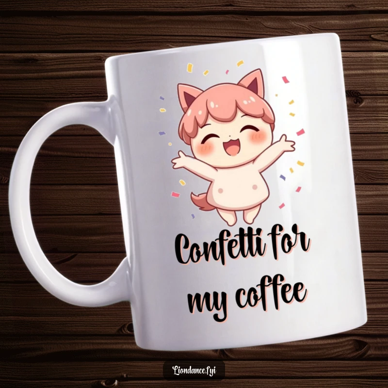 Funny confetti character mug, a delighted figure beaming with a smile while scattering colorful confetti around them.