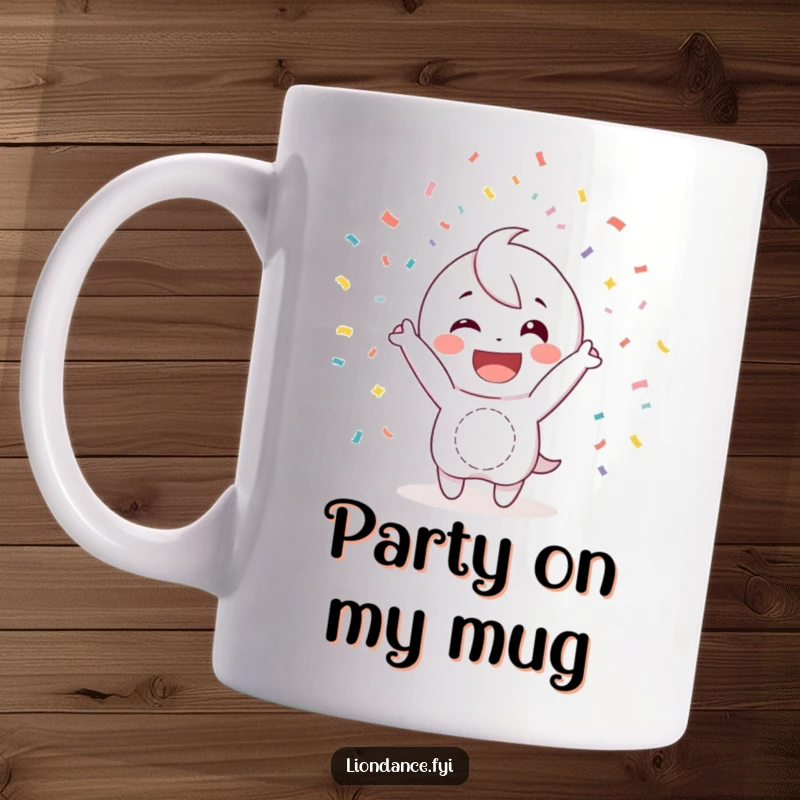 Funny mug showing a happy character joyfully tossing confetti with a wide, infectious smile, spreading cheer and celebration.