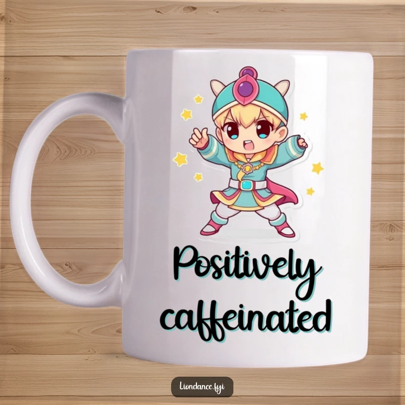 Funny Mug showing a character in a colorful costume striking a dynamic pose with flair and confidence, a perfect funny gift.