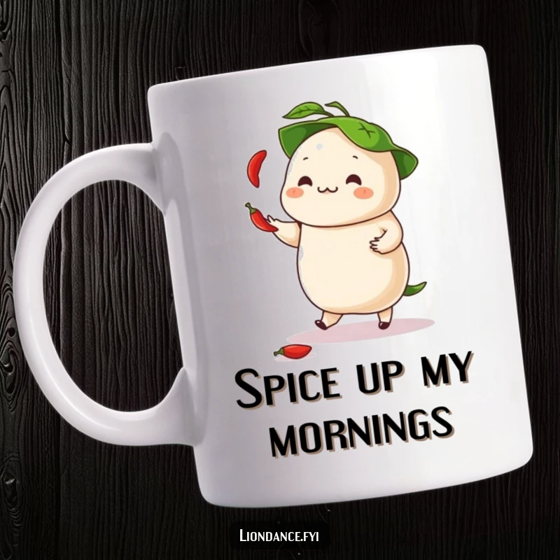 Funny mug showing a dancing dumpling juggling tiny chili peppers under its leafy hat with energetic flair.