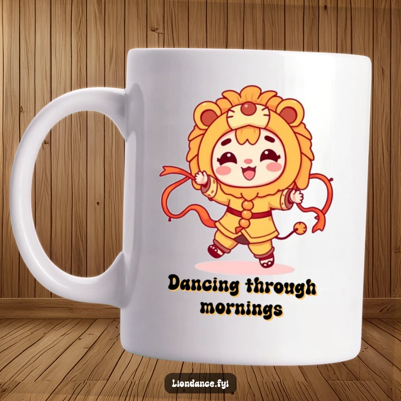 Funny character dancing joyfully with flowing ribbons attached to a lion costume on a mug, embodying pure celebration.