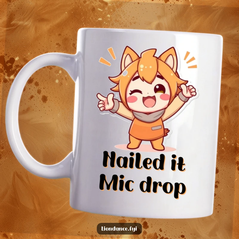 Funny mug featuring a delighted character in a bold, triumphant, and celebratory pose, radiating pure joy and excitement.