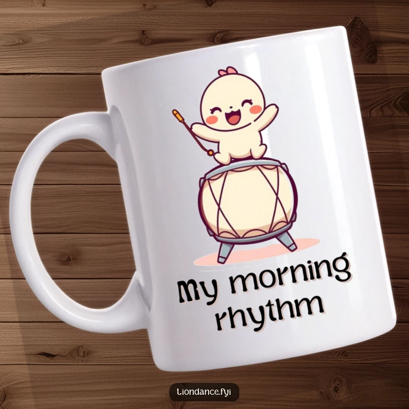 Funny mug featuring a playful character balancing on a stylized drum, perfect for music lovers and humorous coffee breaks.