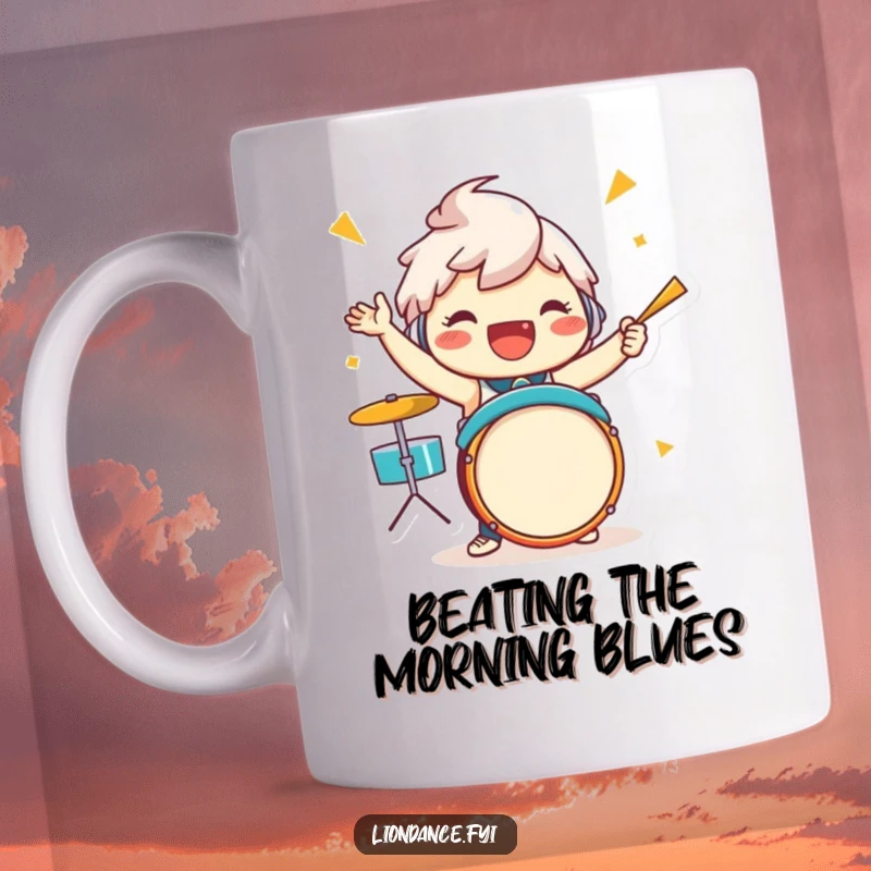 Funny drummer character mug, jubilant figure enthusiastically performing a vibrant drum beat with drumsticks raised high.