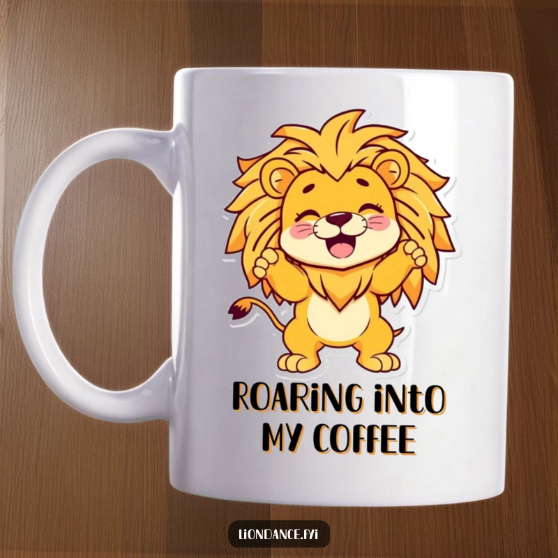 Funny mug with a giggling cartoon character striking a superhero pose inside a majestic lion's mane, showcasing playful bravery.