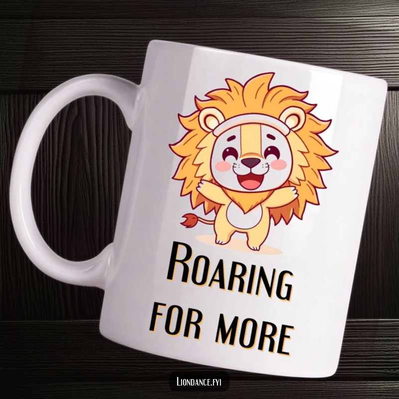 Funny mug showing a playful character with a large lion costume head doing a happy spin, exuding joy and silliness.