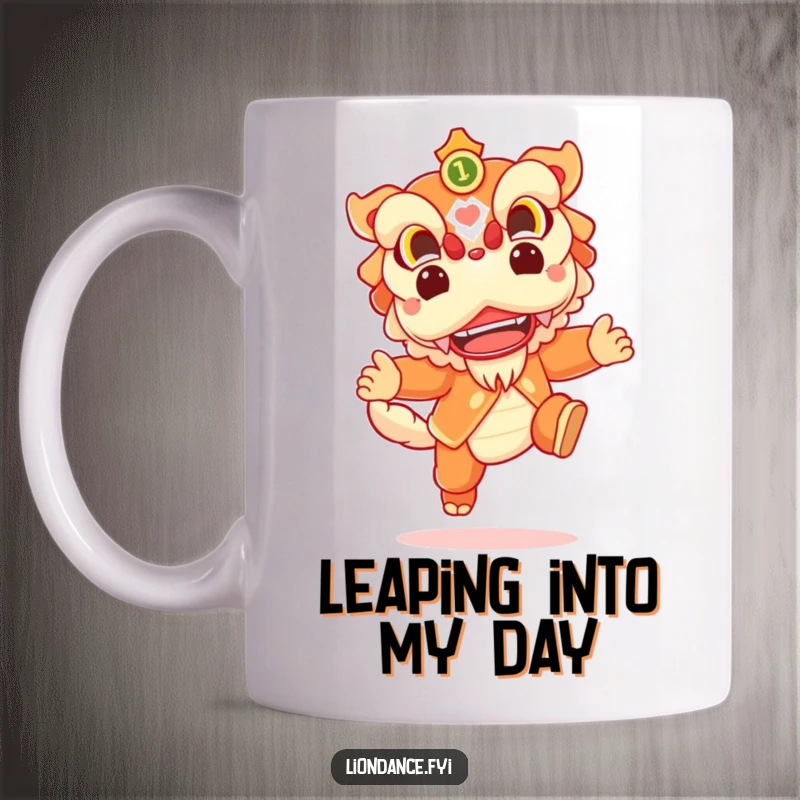 Funny mug featuring a cheerful lion dance character mid-leap with a joyful expression, celebrating fun and energy.