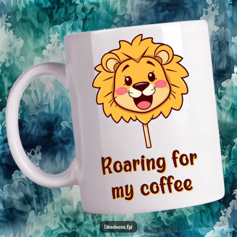 Funny Mug featuring a cute lion head prop with a wide, happy smile, looking around curiously, a perfect funny gift.