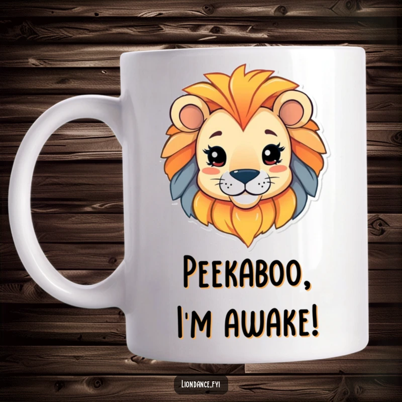 Funny mug featuring a playful character peeking curiously from within a vibrant, colorful lion head, adding a touch of mystery.