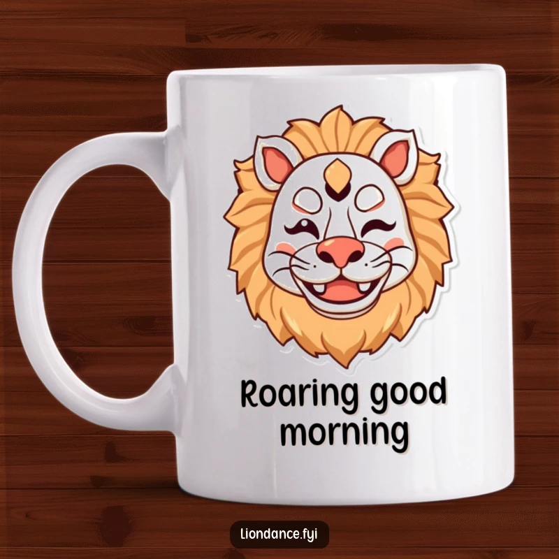 Funny coffee mug featuring a happy lion mask character winking with a big smile, radiating joy and playful charm.