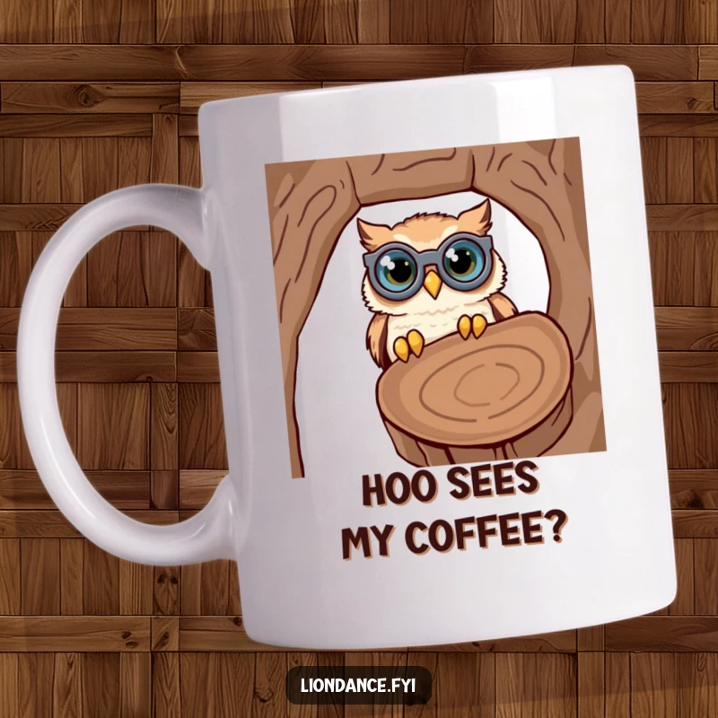 Funny cute owl wearing large binoculars, comically peering into a hollow log, perfect for bird watchers and nature lovers.