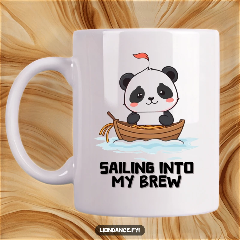 Funny mischievous panda using a fortune cookie as a tiny sailboat, sailing on a sea of noodles, on a mug.