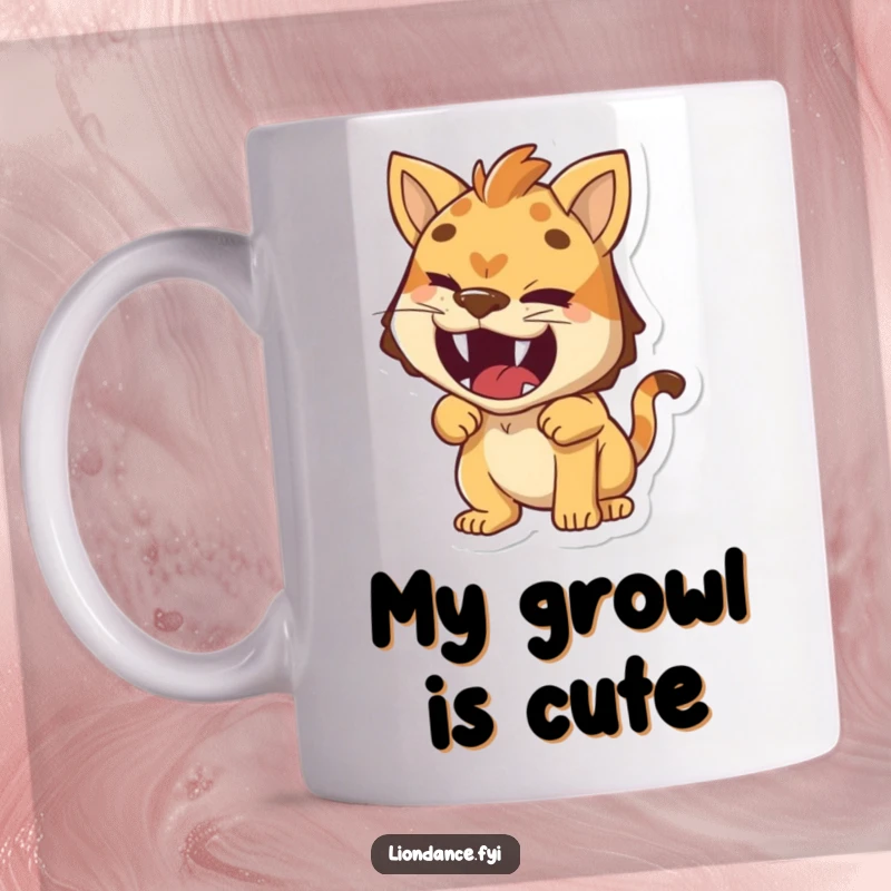 Funny mug showing a small, cute character with a cheeky wink, playfully pretending to let out a mighty roar.