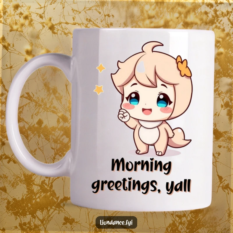 Funny mug with a cheerful cartoon character offering a friendly nod to onlookers, radiating warmth and approachability.