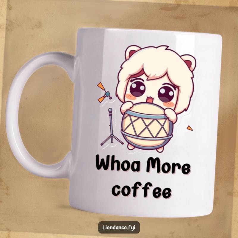 Funny Mug of a cute character with wide, surprised eyes, recoiling from a loud drum sound.