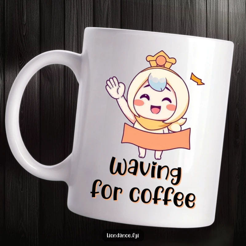 Funny mug depicting a character smiling while waving a banner, perfect for a cheerful and encouraging gift.