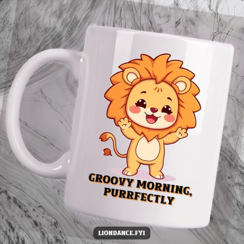 Funny mug showcases a smiling character dressed as a lion, doing a hilariously silly and energetic dance.