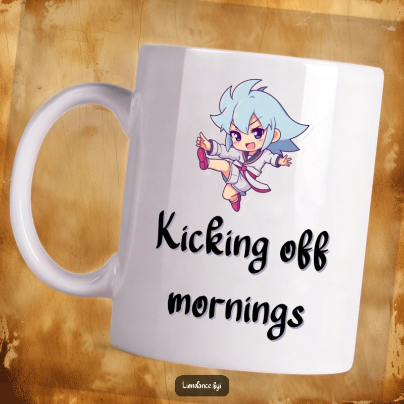 Funny mug showing a character powerfully executing a kick, radiating confidence and playful energy.