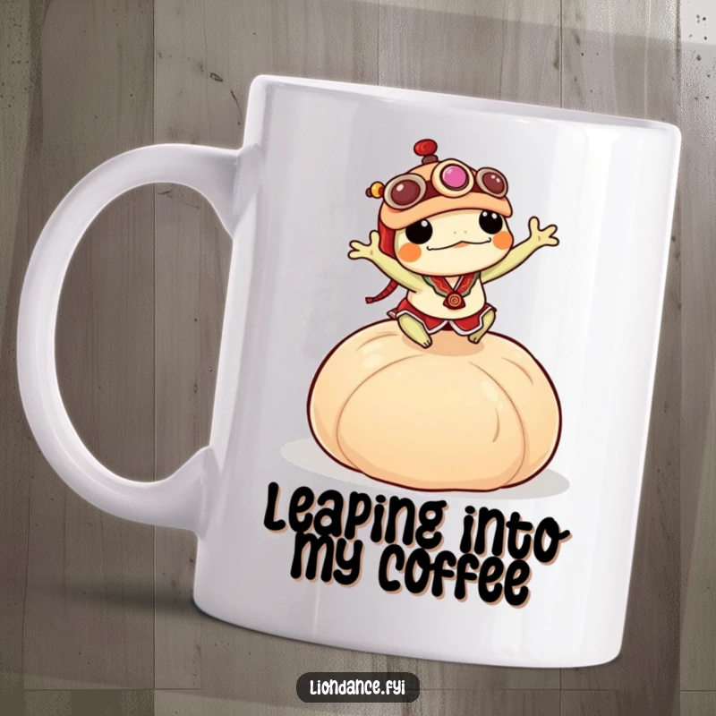 Funny frog in a miniature lion dance costume leaping energetically over a huge dumpling on a coffee mug.