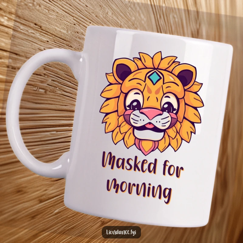Funny lion mask mug with a smiling character peeking from behind the vibrant mask, adding a playful element.