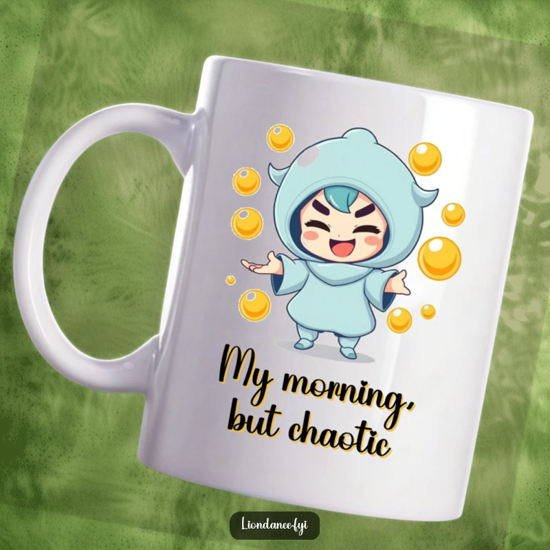 Funny mug showing a character with a mischievous smile, expertly juggling golden orbs. Great funny gift.