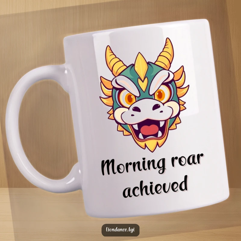 Funny mug illustration of a cute dragon mask with fiery glowing eyes playfully roaring, conveying fierce and humorous spirit.