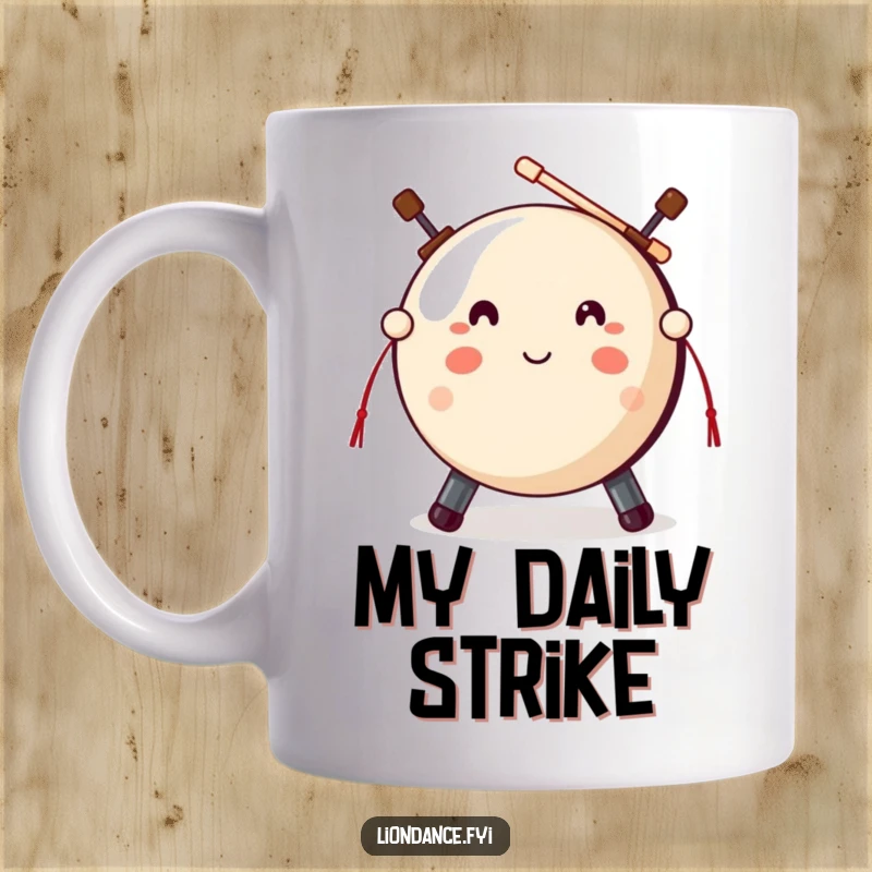 Funny gong mallet mug featuring a cute gong prop with mallets poised, ready for a humorous strike, ideal gift.