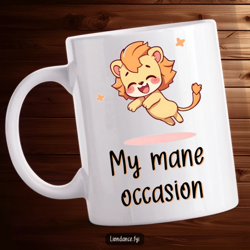 Funny mug with a delighted character joyfully tumbling with a long, flowing lion's tail, showcasing pure happiness and playful energy.