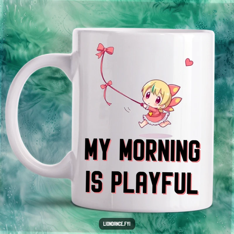 Funny mug showing a playful character intently chasing after a dangling, colorful ribbon with focused amusement.