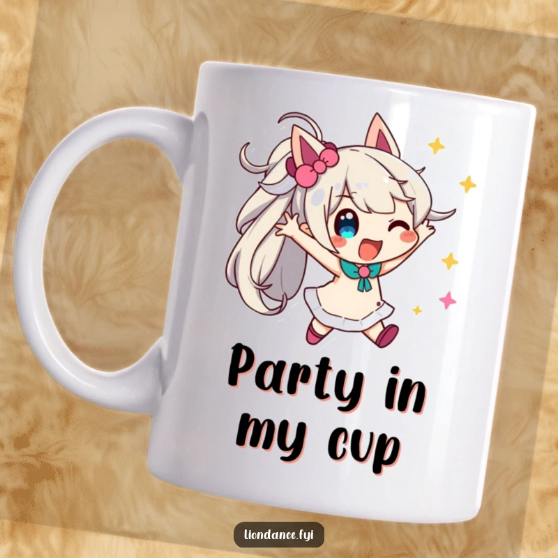 Funny streamer pose mug featuring a playful character in a dynamic stance with colorful streamers, ideal gift.