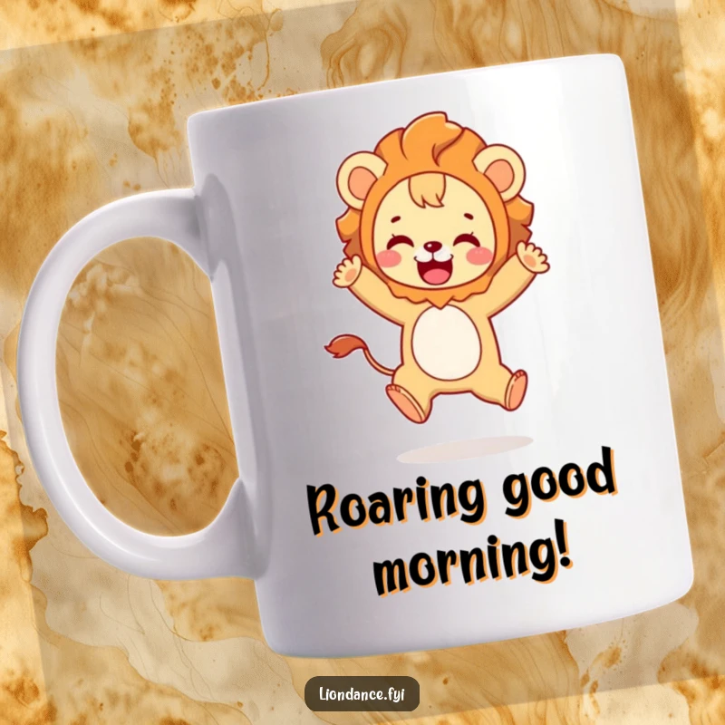 Funny mug featuring a cute character in a lion costume playfully leaping with immense joy and excitement.