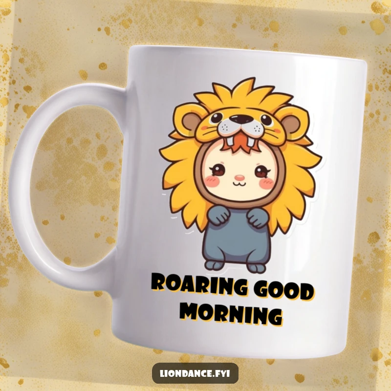 Funny mug featuring a small character peeking playfully from a colorful lion head costume, a whimsical design.